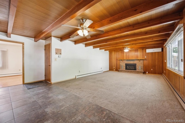 209 S 13th Ave, Brighton, CO 80601 - unfurnished living room with a baseboard radiator, a ceiling fan, wood ceiling with exposed beams, baseboard heating, and a fireplace with raised hearth