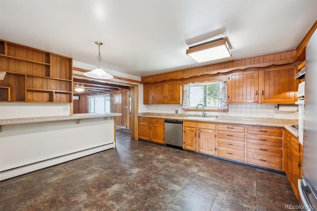 209 S 13th Ave, Brighton, CO 80601 - kitchen featuring dishwasher, a baseboard heating unit, a sink, light countertops, and open shelves