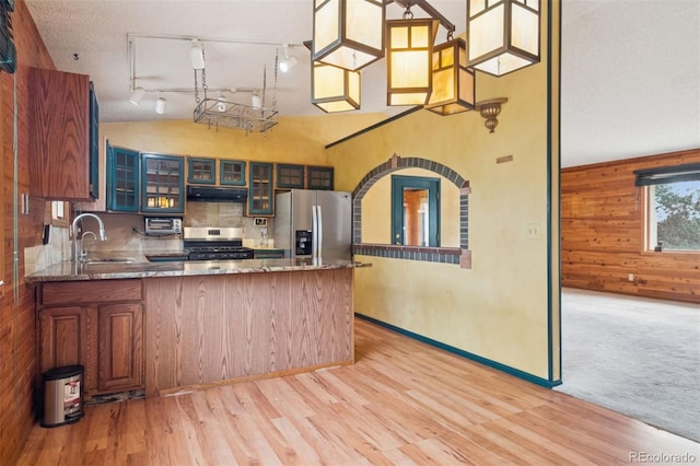 4627 Cathy Ln, Erie, CO 80516 - kitchen featuring appliances with stainless steel finishes, under cabinet range hood, a peninsula, stone counters, and glass insert cabinets