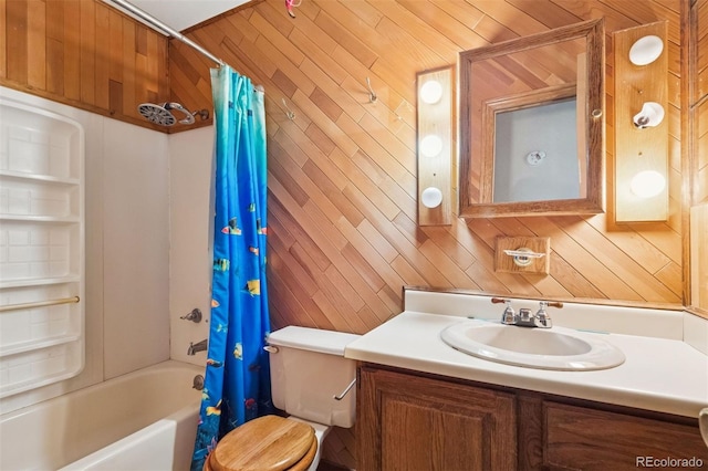 4627 Cathy Ln, Erie, CO 80516 - bathroom featuring shower / bath combo, wooden walls, and vanity
