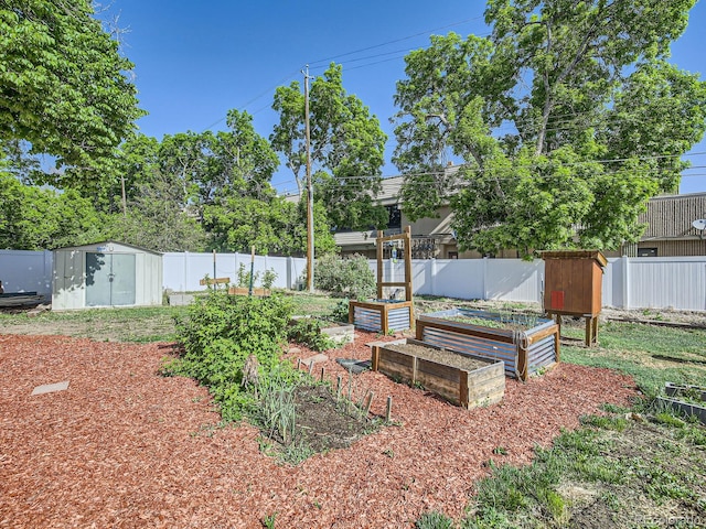 2617 Cedar Dr, Loveland, CO 80538 - fenced backyard featuring a storage shed, a garden, and an outbuilding