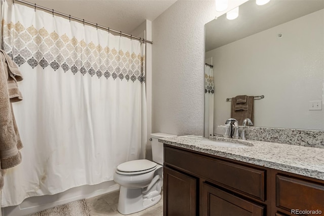 full bathroom with shower / bathtub combination with curtain, tile patterned floors, vanity, and toilet