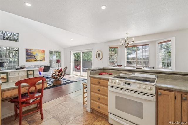 7664 S Ivanhoe Way, Centennial, CO 80112 - kitchen featuring white electric range, lofted ceiling, a chandelier, recessed lighting, and light tile patterned floors