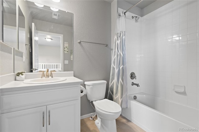1315 Sidewinder Cir, Castle Rock, CO 80108 - bathroom with a textured wall, shower / bathtub combination with curtain, toilet, vanity, and tile patterned floors