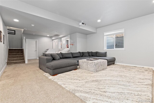 1315 Sidewinder Cir, Castle Rock, CO 80108 - living area with stairs, light carpet, baseboards, and recessed lighting