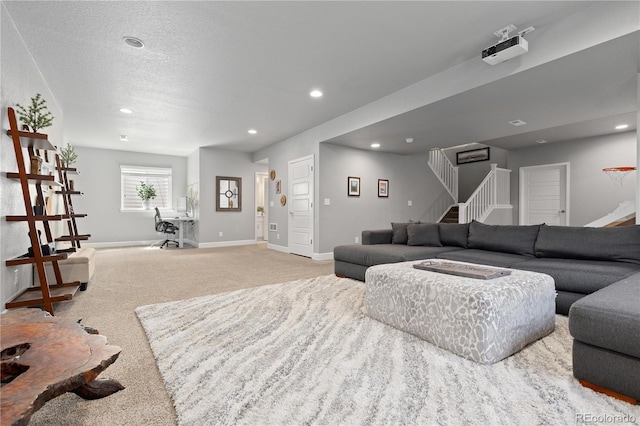 1315 Sidewinder Cir, Castle Rock, CO 80108 - carpeted living area with stairway, baseboards, and recessed lighting