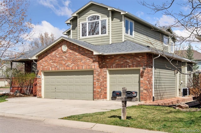 view of home's exterior featuring concrete driveway, brick siding, a shingled roof, and a garage