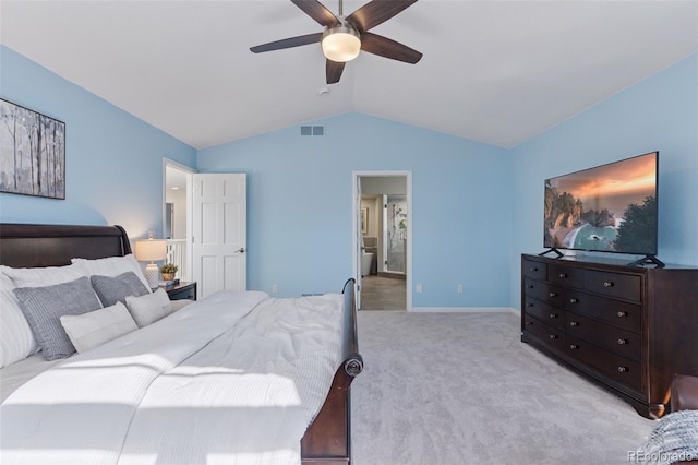 bedroom featuring carpet, ceiling fan, baseboards, lofted ceiling, and visible vents