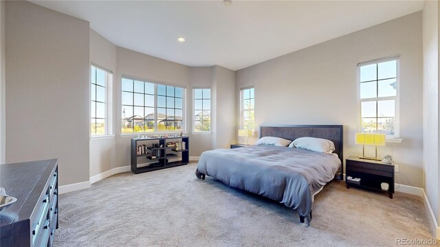 bedroom featuring light colored carpet