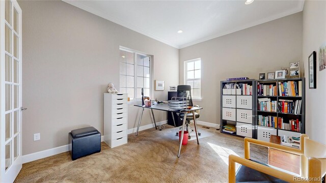 carpeted home office featuring ornamental molding and french doors