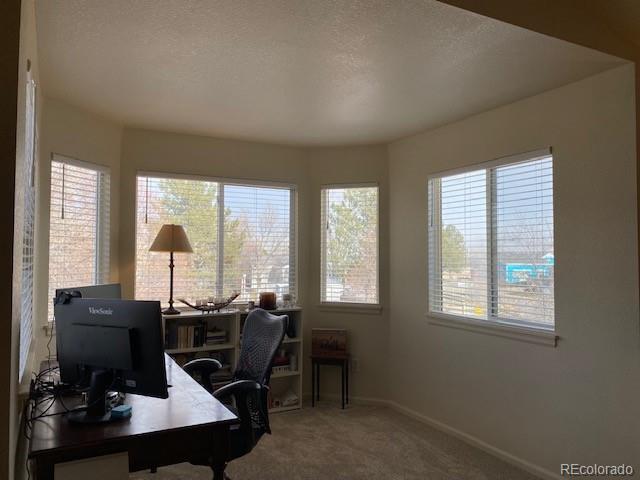 carpeted home office featuring a textured ceiling