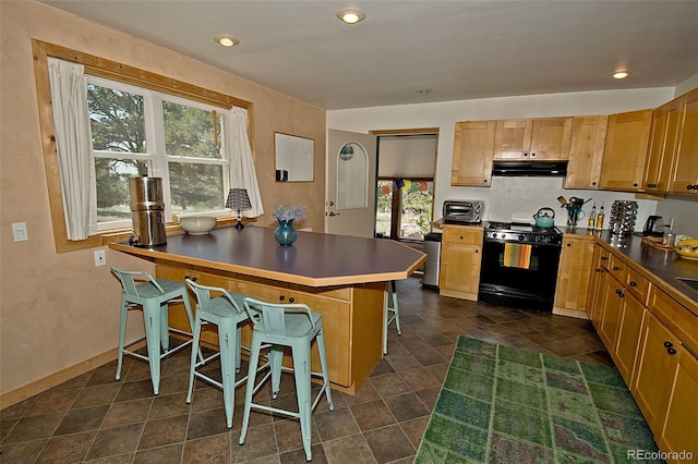 kitchen with black gas range oven and a breakfast bar area