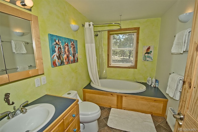 full bathroom featuring tile patterned flooring, vanity, shower / bathtub combination with curtain, and toilet