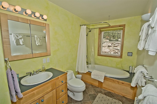 full bathroom with shower / tub combo with curtain, vanity, and toilet