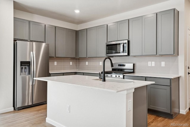14135 Deertrack Ln, Parker, CO 80134 - kitchen with appliances with stainless steel finishes, gray cabinetry, a sink, tasteful backsplash, and recessed lighting