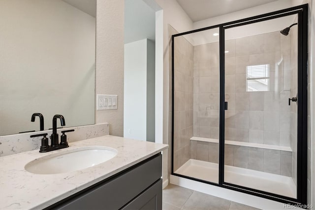 14135 Deertrack Ln, Parker, CO 80134 - bathroom featuring a stall shower, vanity, and tile patterned flooring