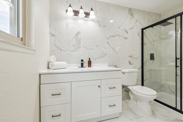 7952 Zuni St, Denver, CO 80221 - full bath featuring a marble finish shower, toilet, marble finish flooring, vanity, and tile walls