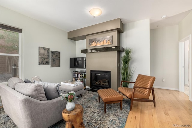 living room featuring light wood-type flooring, baseboards, and a glass covered fireplace