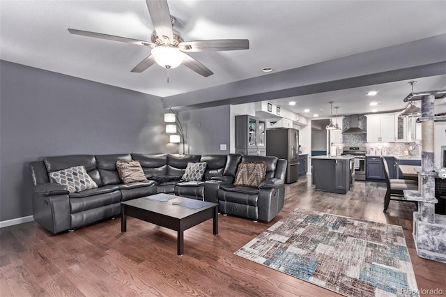 105 Hawthorn St, Frederick, CO 80530 - living room featuring a ceiling fan, dark wood-type flooring, and recessed lighting