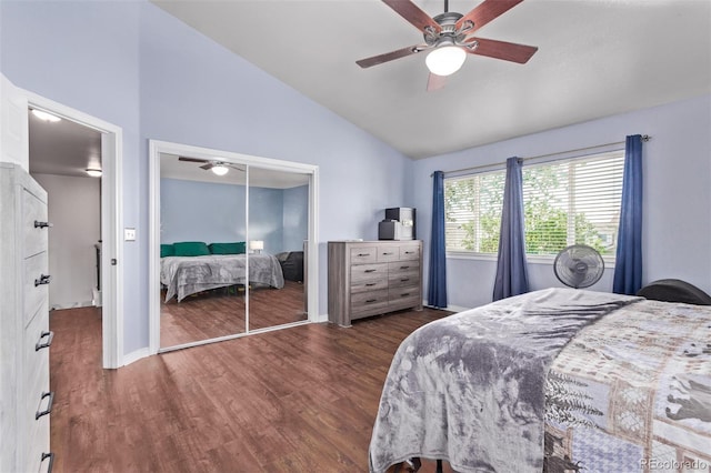 105 Hawthorn St, Frederick, CO 80530 - bedroom featuring vaulted ceiling, wood finished floors, a closet, baseboards, and a ceiling fan