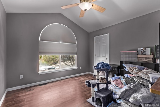105 Hawthorn St, Frederick, CO 80530 - miscellaneous room featuring vaulted ceiling, wood finished floors, a ceiling fan, and baseboards