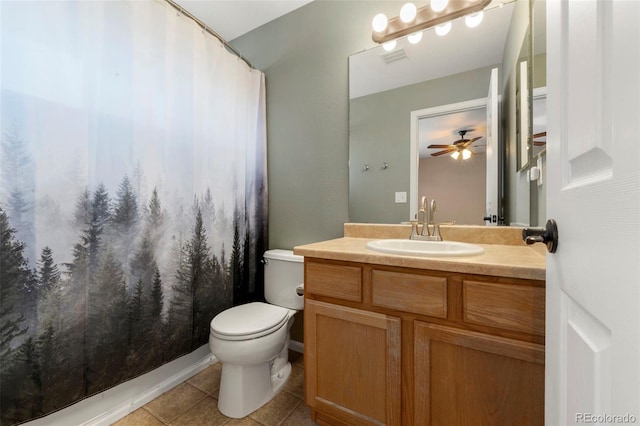 bathroom with tile patterned floors, ceiling fan, toilet, and vanity