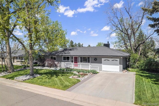 6150 S Southwood Dr, Centennial, CO 80121 - ranch-style home featuring a porch, an attached garage, a front yard, and a chimney