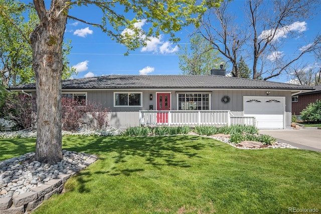 6150 S Southwood Dr, Centennial, CO 80121 - single story home with an attached garage, a front yard, driveway, and a chimney
