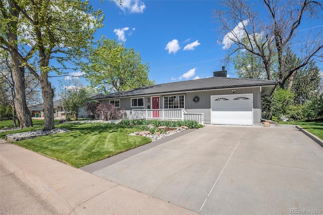 6150 S Southwood Dr, Centennial, CO 80121 - ranch-style home with an attached garage, concrete driveway, a chimney, a front lawn, and a porch
