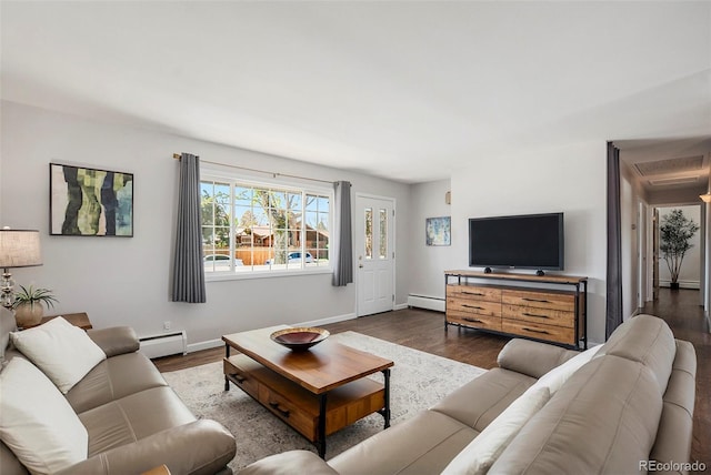 6150 S Southwood Dr, Centennial, CO 80121 - living area featuring baseboard heating, a baseboard radiator, dark wood-style floors, and baseboards