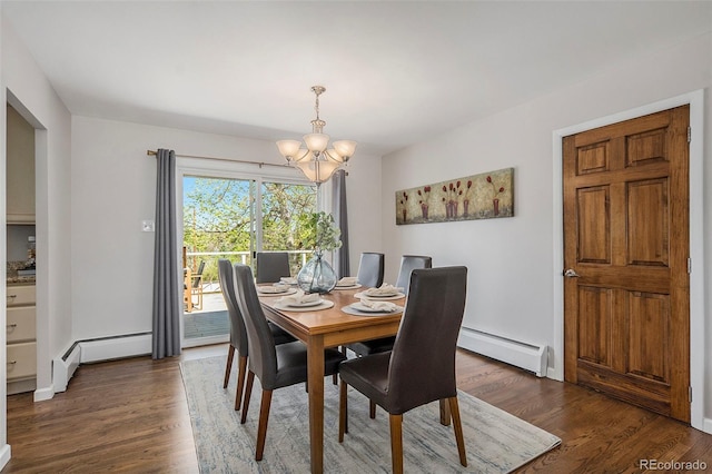 6150 S Southwood Dr, Centennial, CO 80121 - dining space with baseboard heating, a chandelier, and dark wood-style floors
