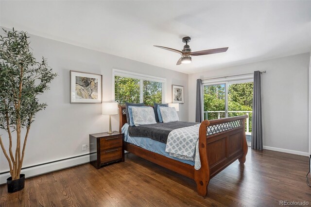 6150 S Southwood Dr, Centennial, CO 80121 - bedroom featuring a baseboard radiator, wood finished floors, baseboards, and a ceiling fan