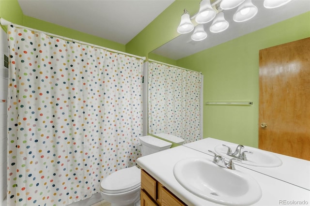 19817 E Prentice Ave, Centennial, CO 80015 - bathroom with toilet, vanity, a shower with shower curtain, and a chandelier