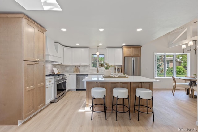 41 Eagle Dr, Littleton, CO 80123 - kitchen featuring stainless steel appliances, custom exhaust hood, light wood-style flooring, tasteful backsplash, and light countertops