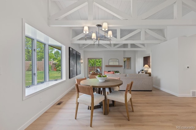 41 Eagle Dr, Littleton, CO 80123 - dining area with beamed ceiling, baseboards, high vaulted ceiling, a chandelier, and light wood finished floors