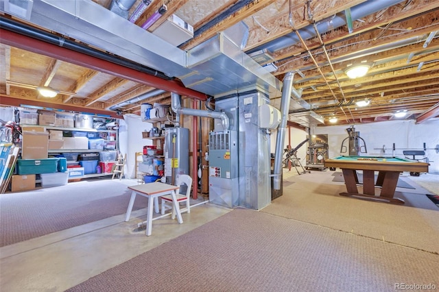 7900 E Iowa Ave, Denver, CO 80231 - unfinished basement featuring gas water heater, heating unit, and pool table
