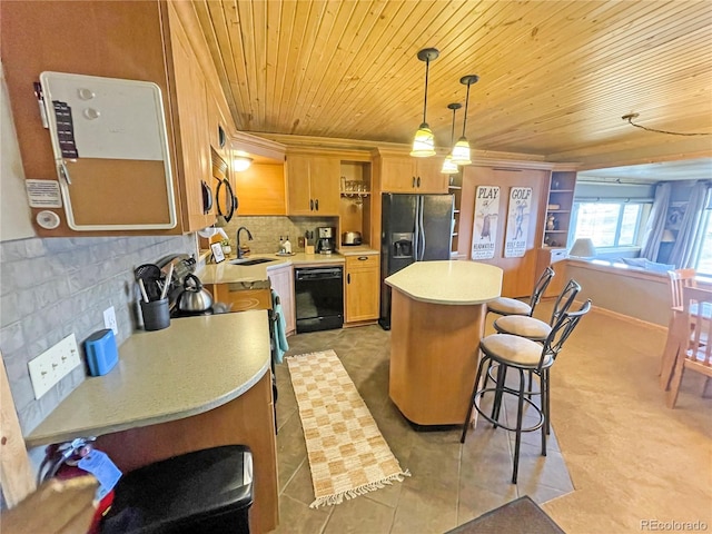 kitchen with wood ceiling, black appliances, sink, and pendant lighting