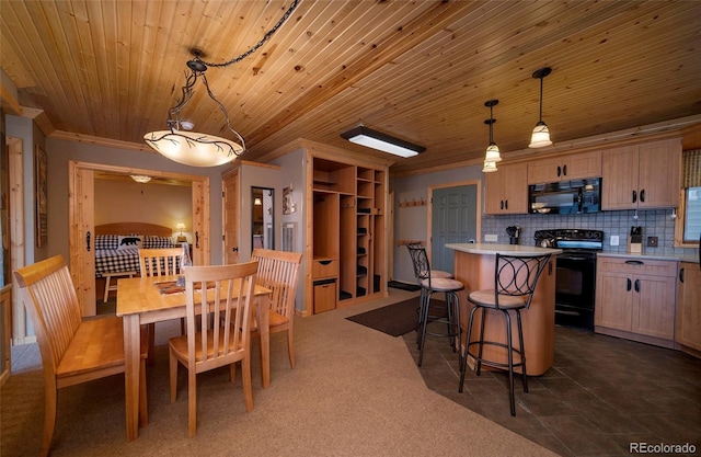 kitchen with light brown cabinets, tasteful backsplash, wooden ceiling, black appliances, and pendant lighting