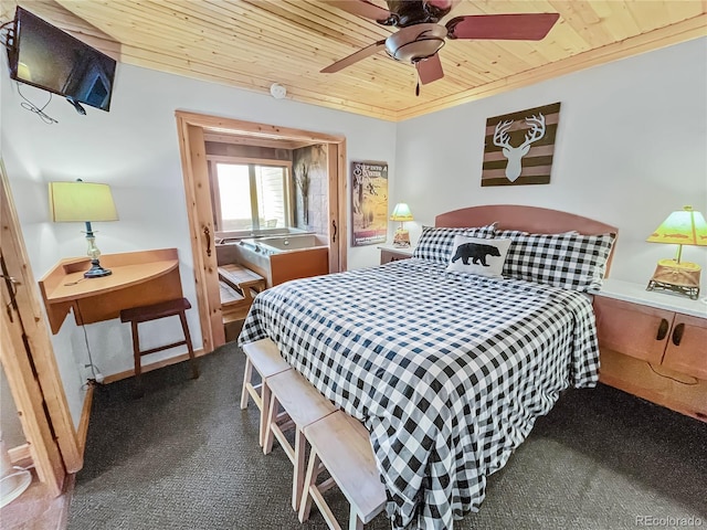 bedroom with wood ceiling, carpet floors, crown molding, and ceiling fan