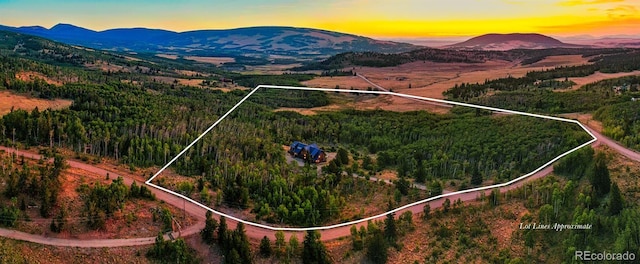 70 Sheep Creek Trl, Fairplay, CO 80440 - aerial view of property and surrounding area featuring property parcel outlined and a mountain backdrop