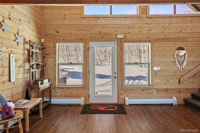 70 Sheep Creek Trl, Fairplay, CO 80440 - entryway featuring baseboard heating, a baseboard heating unit, wood walls, stairway, and dark wood finished floors