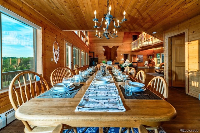 70 Sheep Creek Trl, Fairplay, CO 80440 - dining room with wooden walls, a chandelier, wood finished floors, wooden ceiling, and a baseboard heating unit