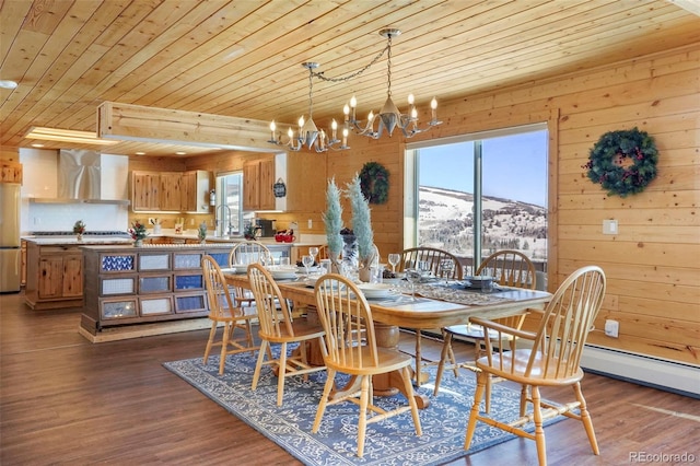 70 Sheep Creek Trl, Fairplay, CO 80440 - dining space featuring wooden ceiling, a chandelier, healthy amount of natural light, wooden walls, and dark wood finished floors