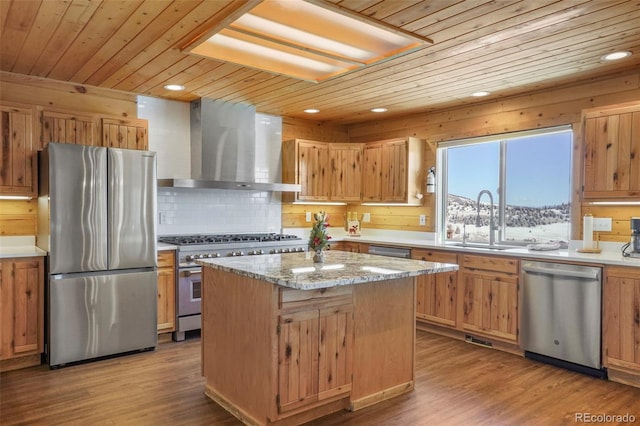 70 Sheep Creek Trl, Fairplay, CO 80440 - kitchen with appliances with stainless steel finishes, wall chimney exhaust hood, wood ceiling, a center island, and decorative backsplash