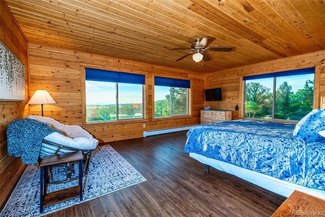 70 Sheep Creek Trl, Fairplay, CO 80440 - bedroom with wooden ceiling, multiple windows, a baseboard heating unit, wooden walls, and wood finished floors