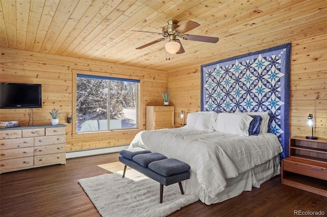 70 Sheep Creek Trl, Fairplay, CO 80440 - bedroom featuring a baseboard radiator, wood ceiling, wood walls, wood finished floors, and ceiling fan