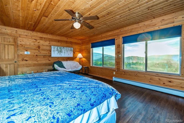 70 Sheep Creek Trl, Fairplay, CO 80440 - bedroom with wooden ceiling, a baseboard radiator, wooden walls, wood finished floors, and ceiling fan