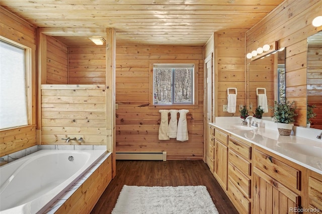 70 Sheep Creek Trl, Fairplay, CO 80440 - full bathroom with wooden ceiling, wood walls, double vanity, a bath, and wood finished floors