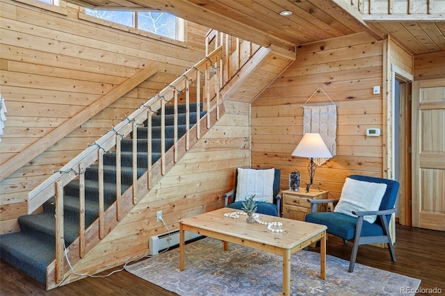 70 Sheep Creek Trl, Fairplay, CO 80440 - sitting room with wooden ceiling, baseboard heating, wooden walls, stairway, and wood finished floors