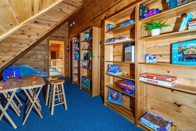 70 Sheep Creek Trl, Fairplay, CO 80440 - playroom with wood walls, carpet, and wood ceiling